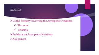 AGENDA
Useful Property Involving the Asymptotic Notations
 Theorem
 Example
Problems on Asymptotic Notations
Assignment
 