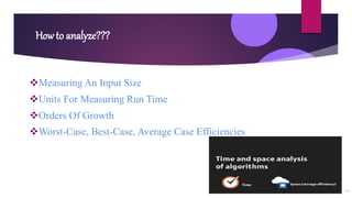 How to analyze???
Measuring An Input Size
Units For Measuring Run Time
Orders Of Growth
Worst-Case, Best-Case, Average Case Efficiencies
 