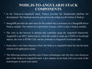 NODE.JS-TO-ANGULARJS STACK
COMPONENTS
• In the Node.js-to-AngularJS stack, Node.js provides the fundamental platform for
development. The backend services and server-side scripts are all written in Node.js.
• MongoDB provides the data store for the website but is accessed via a MongoDB driver
Node.js module. The webserver is defined by Express, which is also a Node.js module.
• The view in the browser is defined and controlled using the AngularJS framework.
AngularJS is an MVC framework in which the model is made up of JSON or JavaScript
objects, the view is HTML/CSS, and the controller is AngularJS JavaScript code.
• It provides a very basic diagram of how the Node.js to AngularJS stack fits into the basic
website/web application model.
• The following sections describe each of these technologies and why they were chosen as
part of the Node.js to AngularJS stack. Later chapters in the book will cover each of the
technologies in much more detail.
 