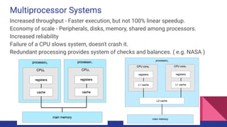 Multiprocessor Systems
Increased throughput - Faster execution, but not 100% linear speedup.
Economy of scale - Peripherals, disks, memory, shared among processors.
Increased reliability
Failure of a CPU slows system, doesn't crash it.
Redundant processing provides system of checks and balances. ( e.g. NASA )
 