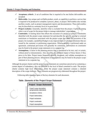 Module 2: Project Planning and Estimation
5th Semester BE, Mechanical, NHCE Page 28
✓ Acceptance criteria. A set of conditions that is required to be met before deliverables are
accepted.
✓ Deliverable. Any unique and verifiable product, result, or capability to perform a service that
is required to be produced to complete a process, phase, or project. Deliverables also include
ancillary results, such as project management reports and documentation. These deliverables
may be described at a summary level or in great detail.
✓ Project exclusion. Generally, identifies what is excluded from the project. Explicitly stating
what is out of scope for the project helps to manage stakeholders’ expectations.
✓ Constraints. A limiting factor that affects the execution of a project or process. Constraints
identified with the project scope statement list and describe the specific internal or external
restrictions or limitations associated with the project scope that affect the execution of the
project, for example, a predefined budget or any imposed dates or schedule milestones that are
issued by the customer or performing organization. When a project is performed under an
agreement, contractual provisions will generally be constraints. Information on constraints
may be listed in the project scope statement or in a separate log.
✓ Assumptions. A factor in the planning process that is considered to be true, real, or certain,
without proof or demonstration. Also describes the potential impact of those factors if they
prove to be false. Project teams frequently identify, document, and validate assumptions as
part of their planning process. Information on assumptions may be listed in the project scope
statement or in a separate log.
Although the project charter and the project scope statement are sometimes perceived as containing a
certain degree of redundancy, they are different in the level of detail contained in each. The project
charter contains high level information, while the project scope statement contains a detailed
description of the scope elements. These elements are progressively elaborated throughout the project.
Following table describes some of the key elements for each document.
 