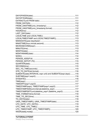 TUTORIALS POINT
Simply Easy Learning
DAYOFWEEK(date)...............................................................................111
DAYOFYEAR(date)................................................................................111
EXTRACT(unit FROM date)...................................................................111
FROM_DAYS(N)....................................................................................112
FROM_UNIXTIME(unix_timestamp) ......................................................112
FROM_UNIXTIME(unix_timestamp,format)...........................................112
HOUR(time) ...........................................................................................112
LAST_DAY(date) ...................................................................................112
LOCALTIME and LOCALTIME() ............................................................113
LOCALTIMESTAMP and LOCALTIMESTAMP()....................................113
MAKEDATE(year,dayofyear) .................................................................113
MAKETIME(hour,minute,second)...........................................................113
MICROSECOND(expr)...........................................................................113
MINUTE(time) ........................................................................................113
MONTH(date).........................................................................................114
MONTHNAME(date) ..............................................................................114
NOW()....................................................................................................114
PERIOD_ADD(P,N) ...............................................................................114
PERIOD_DIFF(P1,P2) ...........................................................................115
QUARTER(date) ....................................................................................115
SECOND(time).......................................................................................115
SEC_TO_TIME(seconds).......................................................................115
STR_TO_DATE(str,format)....................................................................116
SUBDATE(date,INTERVAL expr unit) and SUBDATE(expr,days) .........116
SUBTIME(expr1,expr2)..........................................................................116
SYSDATE()............................................................................................116
TIME(expr) .............................................................................................117
TIMEDIFF(expr1,expr2) .........................................................................117
TIMESTAMP(expr), TIMESTAMP(expr1,expr2).....................................117
TIMESTAMPADD(unit,interval,datetime_expr) ......................................117
TIMESTAMPDIFF(unit,datetime_expr1,datetime_expr2).......................118
TIME_FORMAT(time,format) .................................................................118
TIME_TO_SEC(time) .............................................................................118
TO_DAYS(date).....................................................................................118
UNIX_TIMESTAMP(), UNIX_TIMESTAMP(date)...................................119
UTC_DATE, UTC_DATE().....................................................................119
UTC_TIME, UTC_TIME().......................................................................119
UTC_TIMESTAMP, UTC_TIMESTAMP() ..............................................120
WEEK(date[,mode]) ...............................................................................120
 