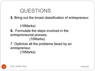 QUESTIONS
6/28/2024
ECE, GNDEC Bidar
35
5. Bring out the broad classification of entrepreneur.
(10Marks)
6. Formulate the steps involved in the
entrepreneurial process.
(10Marks)
7. Optimize all the problems faced by an
entrepreneur.
(10Marks)
 