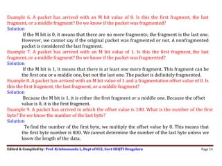 Edited & Compiled by: Prof. Krishnananda L, Dept of ECE, Govt SKSJTI Bengaluru Page 14
Example 6. A packet has arrived with an M bit value of 0. Is this the first fragment, the last
fragment, or a middle fragment? Do we know if the packet was fragmented?
Solution
If the M bit is 0, it means that there are no more fragments; the fragment is the last one.
However, we cannot say if the original packet was fragmented or not. A nonfragmented
packet is considered the last fragment.
Example 7. A packet has arrived with an M bit value of 1. Is this the first fragment, the last
fragment, or a middle fragment? Do we know if the packet was fragmented?
Solution
If the M bit is 1, it means that there is at least one more fragment. This fragment can be
the first one or a middle one, but not the last one. The packet is definitely fragmented.
Example 8. A packet has arrived with an M bit value of 1 and a fragmentation offset value of 0. Is
this the first fragment, the last fragment, or a middle fragment?
Solution
Because the M bit is 1, it is either the first fragment or a middle one. Because the offset
value is 0, it is the first fragment.
Example 9. A packet has arrived in which the offset value is 100. What is the number of the first
byte? Do we know the number of the last byte?
Solution
To find the number of the first byte, we multiply the offset value by 8. This means that
the first byte number is 800. We cannot determine the number of the last byte unless we
know the length of the data.
 