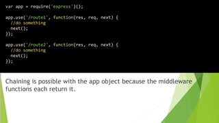 Chaining is possible with the app object because the middleware
functions each return it.
var app = require('express')();
app.use('/route1', function(res, req, next) {
//do something
next();
});
app.use('/route2', function(res, req, next) {
//do something
next();
});
 