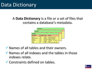 Data Dictionary
A Data Dictionary is a file or a set of files that
contains a database's metadata.
Names of all tables and their owners.
Names of all indexes and the tables in those
indexes relate.
Constraints defined on tables.
 