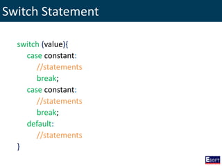 Switch Statement
switch (value){
case constant:
//statements
break;
case constant:
//statements
break;
default:
//statements
}
 