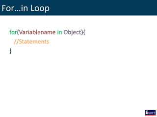 For…in Loop
for(Variablename in Object){
//Statements
}
 