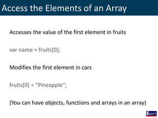 Access the Elements of an Array
Accesses the value of the first element in fruits
var name = fruits[0];
Modifies the first element in cars
fruits[0] = “Pineapple";
(You can have objects, functions and arrays in an array)
 