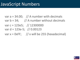 JavaScript Numbers
var a = 34.00; // A number with decimals
var b = 34; // A number without decimals
var c = 123e5; // 12300000
var d = 123e-5; // 0.00123
var x = 0xFF; // x will be 255 (hexadecimal)
 