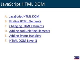 JavaScript HTML DOM
A. JavaScript HTML DOM
B. Finding HTML Elements
C. Changing HTML Elements
D. Adding and Deleting Elements
E. Adding Events Handlers
F. HTML DOM Level 3
 