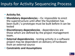 Inputs for Activity Sequencing Process
• Activity list.
• Mandatory dependencies – Ex: impossible to erect
the superstructure until after the foundation has
been built / a prototype must be built before it can be
tested
• Discretionary dependencies - dependencies are
those which are defined by the project management
team.
• External dependencies - testing activity in a software
project may be dependent on delivery of hardware
from an external source
• Constraints and Assumptions
 