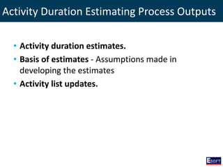 Activity Duration Estimating Process Outputs
• Activity duration estimates.
• Basis of estimates - Assumptions made in
developing the estimates
• Activity list updates.
 