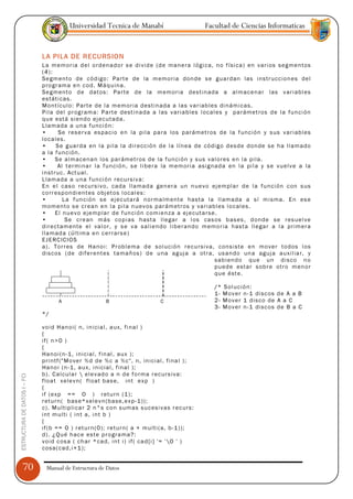 Universidad Tecnica de Manabí                           Facultad de Ciencias Informaticas


                               LA PILA DE RECURSION
                               La m em or ia d el o rd en a do r s e d i vid e (d e ma ne ra l ógi ca, n o f ísic a ) en va r ios seg me ntos
                               (4 ):
                               Se gm ent o de c ód igo : Pa rt e de la m emo r ia don de s e gu ar dan las instr ucc io n es de l
                               p ro gr ama e n c od. Má q u ina .
                               Se gm ent o d e dat os: Pa rt e d e la m em or ia dest in ada a al mac e na r las v ar iab l es
                               estát icas.
                               Mo ntí cu lo: P a rte de la mem or ia dest in ada a la s va r iab les di nám icas.
                               Pi la d el p r og ram a: P art e d esti na da a las v ar ia bles l oca l es y p a rám et ros d e la fu nci ón
                               qu e está si end o ej ec ut ada.
                               Llam ada a u na fu nci ó n:
                               •       Se res e r va es pac i o e n la pi la pa ra los p ar ámet r os d e la f unc ió n y sus va r iab les
                               loc al es.
                               •     S e gua rd a en la p il a la di r ecc ió n d e la lí n ea de cód ig o d esd e d o nde se ha ll ama do
                               a la fu nc ió n.
                               •     S e alm ac ena n los p ar ámet r os d e la fu nci ó n y sus v al o res e n l a pi la.
                               •      Al t e rmi na r l a fu n ció n, s e li be ra la m em or ia asig nad a en l a pi l a y s e vu el v e a la
                               inst ruc . Actu al.
                               Llam ada a u na fu nci ó n r ecu rsi v a:
                               En e l cas o r ecu rs i vo, cada lla mad a ge n er a u n nu e vo ej em p la r d e l a fu nci ón c on s us
                               co rr es p ond ie nt es o bj et os l oca l es:
                               •        La f unc ió n s e e jec uta rá n o rma lm ent e hast a la ll ama da a sí m isma. En es e
                               mom ent o s e c r ean e n l a p il a n u ev os p ar ám etr os y va ri abl es lo cal es.
                               •     El nu e vo e je mp la r de f un ci ón c om ie n za a ej ecut a rse .
                               •         Se c re an más co p ias hast a ll ega r a l os cas os b ases , d ond e se res ue l ve
                               dir ect am ent e el va l or, y s e va sa li e ndo li be r and o m emo r ia hasta ll ega r a l a pr im er a
                               lla mad a (ú ltim a e n c e r r ars e )
                               EJ E RC ICI O S
                               a). To r r es de Ha no i: P rob l ema d e sol uc ió n rec u rsi va, c ons iste e n mo ve r to dos l os
                               discos ( de dif e r ent es tamañ os ) d e u na ag uj a a otr a, us an do un a agu ja au xi lia r, y
                                                                                                       sabi end o qu e u n di sco n o
                                                                                                       pu ed e esta r s ob r e otr o m en o r
                                                                                                       qu e ést e.

                                                                                                      /* S ol uc ió n:
                                                                                                      1- M o v er n-1 disc os d e A a B
                                      A                   B                      C                    2- M o v er 1 d isco de A a C
                                                                                                      3- M o v er n-1 disc os d e B a C
                               */

                               vo id H an oi ( n, i ni cia l, a ux, fi na l )
                               {
                               if ( n> 0 )
                               {
                               Ha no i (n- 1, i nic ia l, f in al , au x );
                               p ri ntf (" M o ve r %d d e %c a %c ", n, in ici al, fi na l ) ;
                               Ha no i (n -1, a u x, i ni cia l, fin al );
                               b). Ca lcu la r  e le v ad o a n d e f o rma r ec urs i va:
ESTRUCTURA DE DATOS I -- FCI




                               flo at x el e vn ( fl oat b as e, int e x p )
                               {
                               if (e x p == O ) r etu rn (1 );
                               r etu rn ( b as e*x e le v n (b ase, e x p-1 )) ;
                               c). M ult ip lic a r 2 n°s c o n sum as suc es iv as r ec urs:
                               int m ult i ( i nt a, i nt b )
                               {
                               if (b == O ) r etu r n (0) ; re tur n ( a + mu lti (a , b-1 ) );
                               d). ¿ Qu é h ac e este p r o gra ma ?:
                               vo id c os a ( ch ar *ca d, i nt i ) if ( ca d[ i ] '= ' O ' )
                               cosa (c ad,i +1 );


      70                        Manual de Estructura de Datos
 