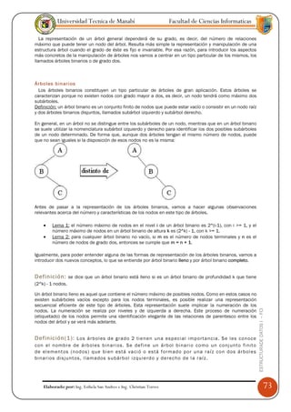 Universidad Tecnica de Manabí                             Facultad de Ciencias Informaticas

   La representación de un árbol general dependerá de su grado, es decir, del número de relaciones
máximo que puede tener un nodo del árbol. Resulta más simple la representación y manipulación de una
estructura árbol cuando el grado de éste es fijo e invariable. Por esa razón, para introducir los aspectos
más concretos de la manipulación de árboles nos vamos a centrar en un tipo particular de los mismos, los
llamados árboles binarios o de grado dos.



Árboles binarios
  Los árboles binarios constituyen un tipo particular de árboles de gran aplicación. Estos árboles se
caracterizan porque no existen nodos con grado mayor a dos, es decir, un nodo tendrá como máximo dos
subárboles.
Definición: un árbol binario es un conjunto finito de nodos que puede estar vacío o consistir en un nodo raíz
y dos árboles binarios disjuntos, llamados subárbol izquierdo y subárbol derecho.

En general, en un árbol no se distingue entre los subárboles de un nodo, mientras que en un árbol binario
se suele utilizar la nomenclatura subárbol izquierdo y derecho para identificar los dos posibles subárboles
de un nodo determinado. De forma que, aunque dos árboles tengan el mismo número de nodos, puede
que no sean iguales si la disposición de esos nodos no es la misma:




Antes de pasar a la representación de los árboles binarios, vamos a hacer algunas observaciones
relevantes acerca del número y características de los nodos en este tipo de árboles.

    •   Lema 1: el número máximo de nodos en el nivel i de un árbol binario es 2^(i-1), con i >= 1, y el
        número máximo de nodos en un árbol binario de altura k es (2^k) - 1, con k >= 1.
    •   Lema 2: para cualquier árbol binario no vacío, si m es el número de nodos terminales y n es el
        número de nodos de grado dos, entonces se cumple que m = n + 1.

Igualmente, para poder entender alguna de las formas de representación de los árboles binarios, vamos a
introducir dos nuevos conceptos, lo que se entiende por árbol binario lleno y por árbol binario completo.


Definición: se dice que un árbol binario está lleno si es un árbol binario de profundidad k que tiene
(2^k) - 1 nodos.

Un árbol binario lleno es aquel que contiene el número máximo de posibles nodos. Como en estos casos no
existen subárboles vacíos excepto para los nodos terminales, es posible realizar una representación
secuencial eficiente de este tipo de árboles. Esta representación suele implicar la numeración de los
nodos. La numeración se realiza por niveles y de izquierda a derecha. Este proceso de numeración
                                                                                                                ESTRUCTURADE DATOS I -- FCI




(etiquetado) de los nodos permite una identificación elegante de las relaciones de parentesco entre los
nodos del árbol y se verá más adelante.


Definición(1): Los ár bol es d e gr ad o 2 tie n e n un a es p eci al im p o rta nci a. S e l es co no ce
con el n omb r e de á rb ol es bin a ri os. S e de fi ne un á rb ol bi na ri o co mo un co nj unt o fi nit o
de el em ent os (n od os ) q ue b i en está va ci ó o es tá fo rm ad o po r u na r aí z co n d os á rb ol es
bina r ios dis ju ntos, l lam ados s ubá rb ol i z qu ie rd o y d e rec ho d e l a raí z.




    Elaborado por: Ing. Esthela San Andres e Ing. Christian Torres                                                                            73
 