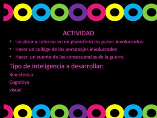 ACTIVIDAD Localizar y colorear en un planisferio los países involucrados Hacer un collage de los personajes involucrados Hacer  un cuento de las consecuencias de la guerra Tipo de inteligencia a desarrollar: Kinestesica Cognitiva visual 