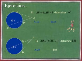 Ejercicios: 
Si A B = 6 ; A D = 3 determinar AC 
A 
B 
C 
D 
Si A B = 1 2 ; A C = 1 8 determina C D 
A 
D 
C B 
A)12 B)15 
A)20 B)8 
O x 
O x 
 