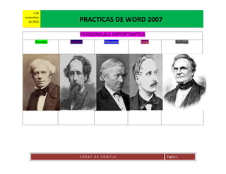 1 de
noviembre
  de 2012            [   PRACTICAS DE WORD 2007 ]
                         PERSONAJES IMPORTANTES
       Faraday   Dickens           Wheatsto   Luigi         Babbage




                         COBAT 06 CONTLA              Página 1
 