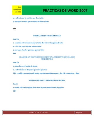 1 de
noviembre
  de 2012                               [   PRACTICAS DE WORD 2007 ]
2.- seleccionar la opción que dice tabla

3.-escoger la tabla que se desee utilizar y listo



FIN



                           INSERTAR EFECTOS DE RELLENO

INICIO

1.- cuando este seleccionada la tabla dar clic en la opción diseño

2.- dar clic en la opción sombreados

3.-escoger el color que mas guste y listo

FIN

         GUARDAR UN DOCUMENTO DE TEXTO YA EXISTENTE QUE HA SIDO
                             MODIFICADO

INICIO

1.- dar clic en el botón de inicio

2.- seleccionar el disquete que dice guardar

FIN 3.-saldra un cuadro diciendo guardar cambias nuevo y dar clic en aceptar y listo



                      SALIR O CERRAR EL PROGRAMA DE WORD.

Inicio

1.- darle clic en la opción de la x en la parte superior de la página

FIN




                      COBAT 06 CONTLA                                          Página 1
 