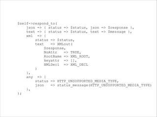 $self->respond_to(
json => { status => $status, json => $response },
text => { status => $status, text => $message },
xml => {
status => $status,
text
=> XMLout(
$response,
NoAttr
=> TRUE,
RootName => XML_ROOT,
keyattr => [],
XMLDecl => XML_DECL
)
},
any => {
status => HTTP_UNSUPPORTED_MEDIA_TYPE,
json
=> status_message(HTTP_UNSUPPORTED_MEDIA_TYPE)
},
);

 