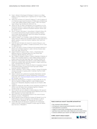 42. Ferreri L, Benitez D, Dominguez M, Rodriguez A, Asenzo G, et al. Water
buffalos as carriers of Babesia bovis in Argentina. Ann N Y Acad Sci. 2008;
1149:149–51.
43. Silveira JAG, de Oliveira CHS, Silvestre BT, Albernaz TT, Leite RC, Barbosa JD,
et al. Molecular assays reveal the presence of Theileria spp. and Babesia spp.
in Asian water buffaloes (Bubalus bubalis, Linnaeus, 1758) in the Amazon
region of Brazil. Ticks Tick Borne Dis. 2016;7:1017–23.
44. Jackson AP, Otto TD, Darby A, Ramaprasad A, Xia D, Echaide IE, et al. The
evolutionary dynamics of variant antigen genes in Babesia reveal a history
of genomic innovation underlying host-parasite interaction. Nucleic Acids
Res. 2014;42:7113–31.
45. Silva JC, Cornillot E, McCracken C, Usmani-Brown S, Dwivedi A, Ifeonu OO,
et al. Genome-wide diversity and gene expression profiling of Babesia
microti isolates identify polymorphic genes that mediate host-pathogen
interactions. Sci Rep. 2016;6:35284.
46. Guillemi E, Ruybal P, Lia V, González S, Farber M, Wilkowsky SE. Multi-locus
typing scheme for Babesia bovis and Babesia bigemina reveals high levels of
genetic variability in strains from Northern Argentina. Infect Genet Evol.
2013;14:214–22.
47. Smith RD, Evans DE, Martins JR, Ceresér VH, Correa BL, Petraccia C, et al.
Babesiosis (Babesia bovis) stability in unstable environments. Ann N Y Acad
Sci. 2000;916:510–20.
48. da Silva J, dos Santos P, Fonseca A. Molecular and serological detection of
Babesia bovis and Babesia bigemina in cattle in the Rio de Janeiro, Brazil.
Semin Cienc Agrar. 2014;35:3139.
49. Zapata R, Ramírez N, Zapata A, Vélez J, Osorio L. Seroprevalencia de
babesiosis bovina en la hacienda Vegas de la Clara, Gómez Plata
(Antioquia), 2008. Rev Med Vet. 2011;21:63–71.
50. Néo T, Giglioti R, Obregón D, Bilhassi T, Oliveira H, Machado R. Detection of
Babesia bovis and Babesia bigemina in water buffaloes (Bubalus bubalis) in
endemic areas of São Paulo state, Brazil. Open J Vet Med. 2016;6:75–84.
51. Mahmmod Y. Natural Babesia bovis infection in water buffaloes (Bubalus
bubalis) and crossbred cattle under field conditions in Egypt: a preliminary
study. J Arthropod Borne Dis. 2014;8:1–9.
52. Mingala CN, Konnai S, Cruz LC, Onuma M, Ohashi K. Comparative moleculo-
immunological analysis of swamp-and riverine-type water buffaloes
responses. Cytokine. 2009;46:273–82.
53. Aycardi E, Benavides E, Garcia O, Mateus G, Henao F, Zuluaga FN. Boophilus
microplus tick burdens on grazing cattle in Colombia. Trop Anim Health
Prod. 1984;16:78–84.
54. Salazar R. Variación de la población de garrapatas Rhipicephalus microplus
sobre bovinos pastoreando en sistemas silvopastoriles y monocultivos
tradicionales. 2017. http://www.bdigital.unal.edu.co/54614/1/32183129.2015.
pdf. Accessed 1 May 2017.
55. Oliveira MC, Oliveira-Sequeira TC, Regitano LC, Alencar MM, Néo TA, Silva
AM, et al. Detection of Babesia bigemina in cattle of different genetic
groups and in Rhipicephalus (Boophilus) microplus tick. Vet Parasitol. 2008;
155:281–6.
56. Dalgliesh RJ, Stewart NP. Some effects of time, temperature and feeding on
infection rates with Babesia bovis and Babesia bigemina in Boophilus
microplus larvae. Int J Parasitol. 1982;12:323–6.
57. Rolls PJ, Bock RE, de Vos AJ, Waldron SJ. Bovine babesiosis. OIE manual of
diagnostic tests and vaccine for terrestrial animals. Babesiosis bovina. Paris:
Work Organisation for Animal Health (OIE); 2012.
58. Mahoney DF, Ross DR. Epizootiological factors in the control of bovine
babesiosis. Aust Vet J. 1972;48:292–8.
59. Kabir M, Mondal M, Eliyas M, Mannan M, Hashem M, Debnath N, et al. An
epidemiological survey on investigation of tick infestation in cattle at
Chittagong District, Bangladesh. Afr J Microbiol Res. 2011;5:346–52.
60. Cafrune MM, Aguirre DH, Mangold AJ, Guglielmone AA. Experimental
studies of the rate of infection of Boophilus microplus eggs with Babesia
bovis. Res Vet Sci. 1995;58:284–5.
Jaimes-Dueñez et al. Parasites & Vectors (2018) 11:510 Page 12 of 12
 