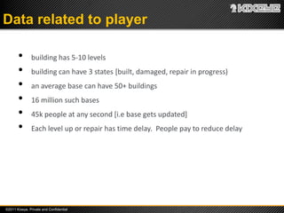 Data related to player

       •       building has 5-10 levels
       •       building can have 3 states [built, damaged, repair in progress)
       •       an average base can have 50+ buildings
       •       16 million such bases
       •       45k people at any second [i.e base gets updated]
       •       Each level up or repair has time delay. People pay to reduce delay




©2011 Kixeye, Private and Confidential
 