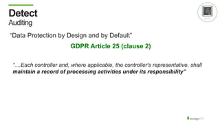 Detect
Auditing
“....Each controller and, where applicable, the controller's representative, shall
maintain a record of processing activities under its responsibility”
“Data Protection by Design and by Default”
GDPR Article 25 (clause 2)
 