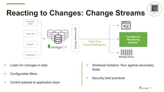 Reacting to Changes: Change Streams
• Listen for changes in data
• Configurable filters
• Control passed to application layer
• Workload Isolation: Run against secondary
Node
• Security best practices
ChangeStreamsAPI
Business
Apps
User Data
Sensors
Clickstream
Real-Time
Event Notifications
Message Queue
Compliance
Monitoring
Solution
 
