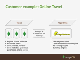 Customer example: Online Travel

Travel

Algorithms

MongoDB
Connector for
Hadoop
• 
• 
• 
• 

Flights, hotels and cars
Real-time offers
User profiles, reviews
User metadata (previous
purchases, clicks, views)

• 
• 
• 
• 

User segmentation
Offer recommendation engine
Ad serving engine
Bundling engine

 
