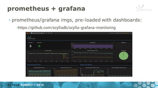 prometheus + grafana
• prometheus/grafana imgs, pre-loaded with dashboards:
▪https://github.com/scylladb/scylla-grafana-monitoring
 