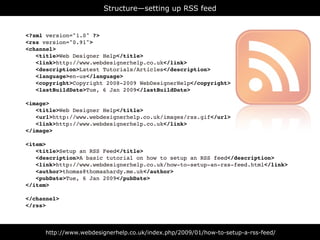Structure—setting up RSS feed


<?xml version="1.0" ?>
<rss version="0.91">
<channel>
   <title>Web Designer Help</title>
   <link>http://www.webdesignerhelp.co.uk</link>
   <description>Latest Tutorials/Articles</description>
   <language>en-us</language>
   <copyright>Copyright 2008-2009 WebDesignerHelp</copyright>
   <lastBuildDate>Tue, 6 Jan 2009</lastBuildDate>

<image>
   <title>Web Designer Help</title>
   <url>http://www.webdesignerhelp.co.uk/images/rss.gif</url>
   <link>http://www.webdesignerhelp.co.uk</link>
</image>

<item>
   <title>Setup an RSS Feed</title>
   <description>A basic tutorial on how to setup an RSS feed</description>
   <link>http://www.webdesignerhelp.co.uk/how-to-setup-an-rss-feed.html</link>
   <author>thomas@thomashardy.me.uk</author>
   <pubDate>Tue, 6 Jan 2009</pubDate>
</item>

</channel>
</rss>



     http://www.webdesignerhelp.co.uk/index.php/2009/01/how-to-setup-a-rss-feed/
 