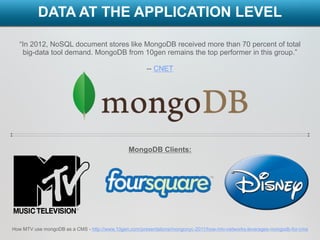 DATA AT THE APPLICATION LEVEL

   “In 2012, NoSQL document stores like MongoDB received more than 70 percent of total
    big-data tool demand. MongoDB from 10gen remains the top performer in this group.”

                                                       -- CNET




                                                MongoDB Clients:




How MTV use mongoDB as a CMS - http://www.10gen.com/presentations/mongonyc-2011/how-mtv-networks-leverages-mongodb-for-cms
 