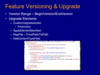Feature Versioning & UpgradeVersion Range – BeginVersion/EndVersionUpgrade ElementsCustomUpgradeActionParametersApplyElementManifestMapFile – FromPath/ToPathAddContentTypeField