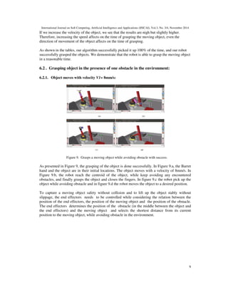 .T /01! 23 
24 % )  253 
245. 
6. RESULTS AND ANALYSIS 
To demonstrate and illustrate the proposed procedure, we present an example which the robot is 
equipped with a 7-DoF arm (see Figure 3) and a three-fingered Barrett hand(in fact in each time 
there are three tests: test1, test2 and test3 ). The goal is to follow a moving model mug, stably 
holding it, pick it up and move it to the desired position while avoiding the existing obstacles. The 
mug was moving in a straight line trajectory in the space with velocity range 8-32 mm/s. The 
initial positions of the end effector were (-0.730m,0.140m ,2.168m) and those of the moving 
object were (-0.005m,-0.200m ,1.105m). In order to grasp the moving object stably and move it, 
the robot hand reaches the object than it closes its fingers. 
6.1. Grasping object in the environment without obstacles 
6.1.1. Object moves with velocity V1= 8mm/s: 
The transformation equations used to update the manipulator's joints until the distance between 
the end effector and the moving object almost equal to zero. Once the position of the contact is 
achieved, the Barret hand closes its fingers and grasps the object. 
Figure 5: Successful grasping of a moving object 
 