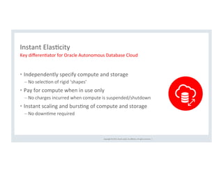 Copyright	©	2017,	Oracle	and/or	its	aﬃliates.	All	rights	reserved.		|	
Instant	ElasCcity	
•  Independently	specify	compute	and	storage	
– No	selecCon	of	rigid	‘shapes’	
•  Pay	for	compute	when	in	use	only	
– No	charges	incurred	when	compute	is	suspended/shutdown	
•  Instant	scaling	and	bursCng	of	compute	and	storage	
– No	downCme	required	
Key	diﬀerenCator	for	Oracle	Autonomous	Database	Cloud	
 