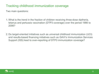 11Tracking childhood immunization coverageTwo main questions:What is the trend in the fraction of children receiving three-dose diptheria, tetanus and pertussis vaccination (DTP3 coverage) over the period 1986 to 2006?Do target-oriented initiatives such as universal childhood immunization (UCI) and results-based financing initiatives such as GAVI’s Immunization Services Support (ISS) lead to over-reporting of DTP3 immunization coverage? 