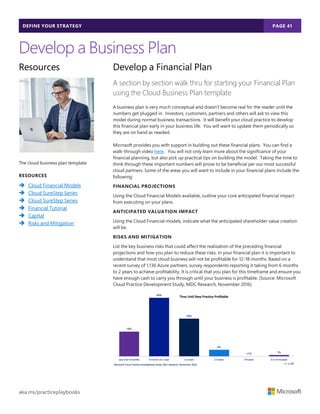 DEFINE YOUR STRATEGY PAGE 41
aka.ms/practiceplaybooks
Develop a Business Plan
Resources
The cloud business plan template
RESOURCES
 Cloud Financial Models
 Cloud SureStep Series
 Cloud SureStep Series
 Financial Tutorial
 Capital
 Risks and Mitigation
Develop a Financial Plan
A section by section walk thru for starting your Financial Plan
using the Cloud Business Plan template
A business plan is very much conceptual and doesn’t become real for the reader until the
numbers get plugged in. Investors, customers, partners and others will ask to view this
model during normal business transactions. It will benefit your cloud practice to develop
this financial plan early in your business life. You will want to update them periodically so
they are on hand as needed.
Microsoft provides you with support in building out these financial plans. You can find a
walk-through video here. You will not only learn more about the significance of your
financial planning, but also pick up practical tips on building the model. Taking the time to
think through these important numbers will prove to be beneficial per our most successful
cloud partners. Some of the areas you will want to include in your financial plans include the
following:
FINANCIAL PROJECTIONS
Using the Cloud Financial Models available, outline your core anticipated financial impact
from executing on your plans.
ANTICIPATED VALUATION IMPACT
Using the Cloud Financial models, indicate what the anticipated shareholder value creation
will be.
RISKS AND MITIGATION
List the key business risks that could affect the realization of the preceding financial
projections and how you plan to reduce these risks. In your financial plan it is important to
understand that most cloud business will not be profitable for 12-18 months. Based on a
recent survey of 1,136 Azure partners, survey respondents reporting it taking from 6 months
to 2 years to achieve profitability. It is critical that you plan for this timeframe and ensure you
have enough cash to carry you through until your business is profitable. (Source: Microsoft
Cloud Practice Development Study, MDC Research, November 2016).
 