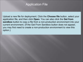 8
Application File
Upload a new file for deployment. Click the Choose file button, select your
application file, and then click Open. You can also click the Get from
sandbox button to copy a file from a non-production environment into your
current environment. (If the Get From Sandbox button does not appear,
you may first need to create a non-production environment to view this
option.)
 