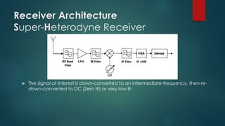 Receiver Architecture
Super-Heterodyne Receiver
 The signal of interest is down-converted to an intermediate-frequency, then re-
down-converted to DC (Zero IF) or very low IF.
 