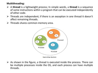 Multithreading:
 A thread is a lightweight process; In simple words, a thread is a sequence
of some instructions within a program that can be executed independently
of other code.
 Threads are independent; if there is an exception in one thread it doesn’t
affect remaining threads.
 Threads shares common memory area.
 As shown in the figure, a thread is executed inside the process. There can
be multiple processes inside the OS, and each process can have multiple
threads.
 