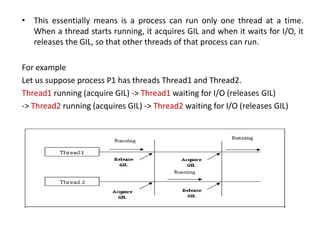 • This essentially means is a process can run only one thread at a time.
When a thread starts running, it acquires GIL and when it waits for I/O, it
releases the GIL, so that other threads of that process can run.
For example
Let us suppose process P1 has threads Thread1 and Thread2.
Thread1 running (acquire GIL) -> Thread1 waiting for I/O (releases GIL)
-> Thread2 running (acquires GIL) -> Thread2 waiting for I/O (releases GIL)
 