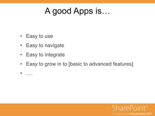 A good Apps is…

       ondertitel
• Easy to use
• Easy to navigate
• Easy to integrate
• Easy to grow in to [basic to advanced features]
• ….
 