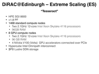 DiRAC@Edinburgh – Extreme Scaling (ES)
• HPE SGI 8600
• >1.8 PF
• 1468 standard compute nodes
• Two 2.1GHz 12-core Intel Xeon Skylake 4116 processors
• 96GB RAM
• 8 GPU compute nodes
• Two 2.1GHz 12-core Intel Xeon Skylake 4116 processors
• 96 GB RAM
• 4 NVidia V100 (Volta) GPU accelerators connected over PCIe
• Hypercube Intel Omnipath interconnect
• 3PB Lustre DDN storage
“Tesseract”
 