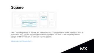 Square
Like Chase Paymentech, Square lets developers add a simple way to make payments directly
within their app. Square stands out from the competition because of the simplicity of their
design and their network of physical Square readers.
squareup.com/developers
 