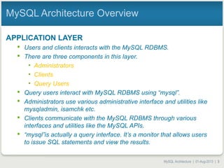 MySQL Architecture | 01-Aug-2013 | 3
MySQL Architecture Overview
APPLICATION LAYER
 Users and clients interacts with the MySQL RDBMS.
 There are three components in this layer.
• Administrators
• Clients
• Query Users
 Query users interact with MySQL RDBMS using “mysql”.
 Administrators use various administrative interface and utilities like
mysqladmin, isamchk etc.
 Clients communicate with the MySQL RDBMS through various
interfaces and utilities like the MySQL APIs.
 “mysql”is actually a query interface. It’s a monitor that allows users
to issue SQL statements and view the results.
 