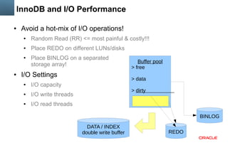 InnoDB and I/O Performance
●

Avoid a hot-mix of I/O operations!
●

Random Read (RR) <= most painful & costly!!!

●

Place REDO on different LUNs/disks

●

●

Place BINLOG on a separated
storage array!

I/O Settings
●

I/O write threads

●

> data

I/O capacity

●

Buffer pool
> free

I/O read threads

> dirty

BINLOG
DATA / INDEX
double write buffer

REDO

 