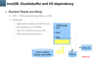 InnoDB: Doublebuffer and I/O dependency
●

Random Reads are killing!
●

RR = ~5ms wait per operation on HD

●

Example:
–

Application is doing 30.000 IO op/s

–

All operations are SW/RW

–

Now 5% of Writes become RR

–

What about performance?..

Buffer pool
> free
> data
> dirty

BINLOG
DATA / INDEX
double write buffer

REDO

 