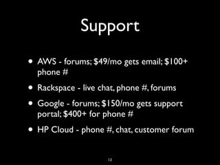 Support 
• AWS - forums; $49/mo gets email; $100+ 
phone # 
• Rackspace - live chat, phone #, forums 
• Google - forums; $150/mo gets support 
portal; $400+ for phone # 
• HP Cloud - phone #, chat, customer forum 
13 
 