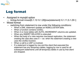 29
Log format
• Assigned in mysqld option
– binlog-format=mixed[5.1.12~5.1.28]|row|statement[~5.1.11,5.1.29~]
• Mixed format
– switching from statement to row under the following conditions:
• When a DML statement updates an NDBCLUSTER table.
• When a function contains UUID().
• When 2 or more tables with AUTO_INCREMENT columns are updated.
• When any INSERT DELAYED is executed.
• When the body of a view requires row-based replication, the statement
creating the view also uses it — ex: when the statement creating a view
uses the UUID() function.
• When a call to a UDF is involved.
• If a statement is logged by row and the client that executed the
statement has any temporary tables, logging by row is used for all
subsequent statements until all temporary tables in use by that client
are dropped.
 