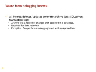 Waste from nologging inserts All Inserts/deletes/updates generate archive logs (SQLserver: transaction logs) Archive log: a record of changes that occurred in a database. Required for data recovery. Exception: Can perform a nologging insert with an Append hint. 